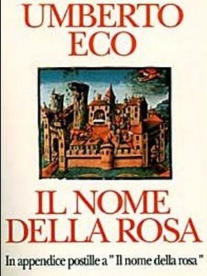 Capa do livro O Nome da Rosa, verso italiana, apresenta a ilustrao de um castelo medieval. 