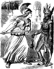 John Tenniel: Ilustração satírica de 1868 mostrando Britannia ameaçando o rei Tewodros II, referente à questão abissínia. A imagem é uma transposição quase integral da iconografia de Atena, salvo pelo tridente. <br> <br> Palavras-chave: Tenniel, sátira, ilustração, Britannia, Tewodros II, adissínios, Atena, tridente, mito, mitologia