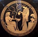 Atena assiste Hrcules, pintura em kylix, c. 480-470 a.C. Colees Estatais de Antiguidades. <br><br> Palavras-chave: prato, Atena, Hrcules, kylix, mitologia romana, mitologia grega, mitologia, mito 