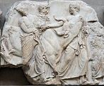 Oficina de Fídias: Gado sendo levado ao sacrifício na Panatenaia, detalhe do friso sul do Partenon, c. 447–433 a.C. Museu Britânico.<br><br> Palavras-chave: Fídias, gado, Panatenaia, relevo, mitologia romana, mitologia grega, Giustiniani, mitologia, mito