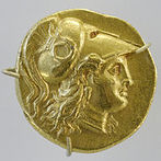 Estáter macedônico de ouro com efígie de Atena, c. 323-297 a.C. Museu do Louvre. <br><br> Palavras-chave: estáter, Macedônia, Atena, mitologia romana, mitologia grega, Giustiniani, mitologia, mito <a href="http://pt.wikipedia.org/wiki/Atena" target="_blank">commons.wikimedia.org</a>