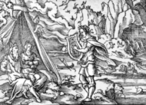 Orfeu canta diante de Hades (Plutão) e Perséfone (Prosérpina), para resgatar a amada Eurídice, em gravura de Virgílio Solis para as Metamorfoses de Ovídio (Livro X, 11-52).