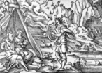 Orfeu canta diante de Hades (Pluto) e Persfone (Prosrpina), para resgatar a amada Eurdice, em gravura de Virglio Solis para as Metamorfoses de Ovdio (Livro X, 11-52).