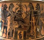 O nascimento de Atena, pintura em trípode grega, c. 570-560 a.C. Museu do Louvre.<br><br> Palavras-chave: nascimento, Macedônia, Atena, mitologia romana, mitologia grega, mitologia, mito