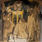 Orestes entre Atena, uma Fúria possivelmente Tisífone e Apolo. Pintura em kratera, c. 330 a.C. Museu Britânico.<br><br> Palavras-chave: Orestes, fúria, Tisífone, Apolo, kratera, Atena, Hércules, kylix, mitologia romana, mitologia grega, mitologia, mito <a href="http://pt.wikipedia.org/wiki/Atena" 