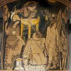 Orestes entre Atena, uma Fria possivelmente Tisfone e Apolo. Pintura em kratera, c. 330 a.C. Museu Britnico.<br><br> Palavras-chave: Orestes, fria, Tisfone, Apolo, kratera, Atena, Hrcules, kylix, mitologia romana, mitologia grega, mitologia, mito <a href="http://pt.wikipedia.org/wiki/Atena" 