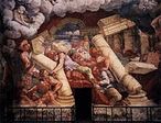 Sala dei giganti (Sala dos Gigantes): o afresco da Queda dos Gigantes (Caduta dei Giganti), pintado entre 1532 e 1535 por Giulio Romano (1499–1546), recobre a sala das paredes ao teto com a representação ilustrativa da batalha entre os Gigantes, que tentam subir ao Olimpo, e Zeus. Está localizado no Palazzo del Te, ou Palazzo Te, um palácio da Itália, construído em Mântua entre 1525 e 1534, por encomenda de Federico II Gonzaga. É a obra mais célebre do arquiteto italiano Giulio Romano. <br> <br> Palavras-chave: afresco, arte, palácio, Romano, Itália, palazzo, mitologia, gigantes, mito e filosofia