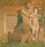 Quíron e Aquiles, em afresco (127 x 125cm) de Herculano, Itália (Museu Arqueológico Nacional, Nápoles). O afresco mostra Quíron, preceptor de Aquiles, ensinando o jovem herói. O protótipo para este afresco não era outra pintura, mas uma estátua que lembra Plínio, o Velho. Quíron (em grego: Χείρων, transl. Kheíron, "mão"), na mitologia grega, era um centauro, considerado superior por seus próprios pares. Ao contrário do resto dos centauros que, como os sátiros, eram notórios por serem bebedores contumazes e indisciplinados, delinquentes sem cultura e propensos à violência quando ébrios, Quíron era inteligente, civilizado e bondoso, célebre por seu conhecimento e habilidade com a medicina. <br> <br> Palavras-chave: Aquiles, Quiron, mitologia, estética, ensinamento