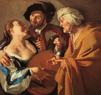 Dirck van Baburen, A alcoviteira, c. 1622. leo sobre tela. 101,6  107,6 cm. Museu de Belas Artes de Boston. <br> A pintura mostra trs figuras, uma prostituta do lado esquerdo, o cliente no meio e a alcoviteira  direita apontando para a palma da mo para indicar que ela est esperando o pagamento. O cliente est segurando uma moeda entre os dedos e coloca o brao em volta da prostituta, que est jogando um alade . A pintura  um exemplo do gnero popular conhecido como Bordeeltjes, ou cenas de bordis.  <br><br> Palavras-chave: dvida, alcova, mestres holandeses, esttica, tica