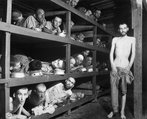 Buchenwald em Abril de 1945, fotografia tirada aps a libertao do campo pelas tropas norte-americanas. Elie Wiesel  o stimo a contar a partir da esquerda, prmio Nobel da Paz em 1986. Erguido na colina de Ettersberg, a cerca de oito quilmetros do centro de Weimar, constituiu-se num campo de trabalhos forados para indivduos considerados inimigos do nazismo, como Comunistas, Judeus, Testemunhas de Jeov, ciganos e homossexuais. O lema sobre o seu porto era "Jedem das Seine" ("A cada um o seu"). <br> <br> Palavras-chave: Nazismo, concentrao, totalitarismo, tica   