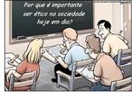 Charge apresenta a situao: um grupo, atravs de meios ilcitos, buscar responder a questo "o que  ser tico na sociedade hoje em dia?". Esta imagem permite a reflexo sobre a contradio entre o discurso e a ao. <br><br> Palavras-chave:  charge, ao, discurso, valores, moral, educao, tica