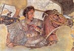 Alexandre Magno e seu cavalo Bucfalo, na Batalha de Isso. Mosaico encontrado em Pompeia, hoje no Museu Arqueolgico Nacional, em Npoles.<br><br>Palavras-chave: Alexandre, magno, Bucfalo, Pompeia, conquista, conquistador, grande, cavalo, domnio, representao, filosofia poltica