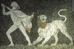 Alexandre lutando contra um leo com seu amigo Craterus (detalhe). Mosaico do sculo III a.C., Museu de Pela.<br><br>Palavras-chave: Alexandre, conquista, conquistador, grande, leo, domnio, Craterus, representao, filosofia poltica
