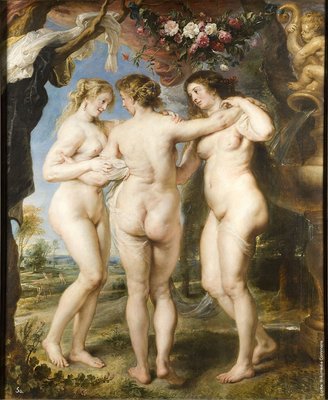 Peter Paul Rubens (15771640), The Three Graces, circa 1635, leo sobre tela, 221  181 cm, Museu do Prado. Na mitologia grega, as Graas ou Crites (no singular Cris, do grego antigo &#935;&#940;&#961;&#953;&#962;; no plural, &#935;&#940;&#961;&#953;&#964;&#949;&#962;, translit. Crites, 'Graas') so as deusas do encantamento, da beleza, da natureza, da criatividade humana e da fertilidade da dana. Eram filhas de Zeus e Hera, segundo umas verses, e de Zeus e da deusa Eurnome, segundo outras. Por sua condio de deusas da beleza, eram associadas a Afrodite, deusa do amor (ou a Vnus, na mitologia romana) e danarinas do Olimpo. Tambm se identificavam com as primitivas musas, em virtude de sua predileo pelas danas corais e pela msica. Ao que parece, seu culto se iniciou na Becia, onde eram consideradas deusas da vegetao. O nome de cada uma delas varia nas diferentes lendas. Na Ilada de Homero aparece uma s Crite, esposa do deus Hefesto. Apesar das variaes regionais, o trio mais freqente : Aglaia - a claridade; Tlia - a que faz brotar flores; Eufrosina - o sentido da alegria. 
<br><br>Palavras-chave: mito, mitologia, graa, beleza, esttica, arte, forma