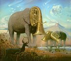 Vladimir Kush (Moscou, 1965)  um pintor que se identifica com o "realismo de metamorfose" ou "fine art", com desenhos e pinturas que formam imagens "impossveis", se utilizando de truques de imagens e/ou elementos que se formam em outros. Em relao ao "African Sonata", o artista diz que o trombetear dos elefantes  um som de alegria que surge com o aparecimento de seu rei, seu mestre. Os elefantes chamam outros animais e aves para comemorar a vida e a ocasio do prprio ser e lideram esta sinfonia. O elefante encarna sabedoria, longevidade, fidelidade, tolerncia e compaixo. Na tradio grega, uma lira feita de chifres de antlope foi o instrumento de Apolo, o deus da profecia e da msica. Ao toca-la, Orfeu dominou animais selvagens e rvores encantadas e montanhas. De acordo com a doutrina Hindu, quando Krishna tocou a flauta, o cosmos comeou a se mover e a criao do mundo comeou. <br> <br> Palavras-chave: realismo metafrico, Vladimir Kush, realidade, arte, esttica, iluso, mito <br> <br> 
