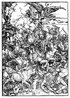 Os Quatro Cavaleiros so personagens descritos na terceira viso proftica do Apstolo Joo no livro bblico de Revelao ou Apocalipse. Os quatro cavaleiros do apocalipse so Peste, Guerra, Fome e Morte. Esta obra pertence ao conjunto "Apocalipse", devidamente "Apocalypse com imagens" (latim : Apocalypsis cum Figuris), uma famosa srie de quinze xilogravuras de Albrecht Drer das cenas do livro do Apocalipse, publicado em 1498, que rapidamente lhe trouxe a fama em toda a Europa. A srie foi provavelmente cortada em blocos de madeira pra e baseou-se em conselho teolgico, particularmente de Johannes Pirckheimer, o pai do amigo de Drer, Willibald Pirckheimer. O trabalho sobre a srie iniciada durante a primeira viagem de Drer para a Itlia (1494-1495) e o conjunto foi publicado simultaneamente em latim e alemo em Nuremberg, em 1498, num momento em que grande parte da Europa antecipou um possvel Juzo Final em 1500. A impresso mais famosa da srie  "Os Quatro Cavaleiros do Apocalipse" (ca. 1497-1498), referindo-se ao Apocalipse 6:1-8. O layout do ciclo com as ilustraes sobre o reto e o texto no verso sugere o privilgio das ilustraes sobre o texto. A srie trouxe a Drer fama e riqueza, bem como um pouco de liberdade do sistema de clientelismo, que, por sua vez, permitiu-lhe escolher seus prprios assuntos e dedicar mais tempo  gravura. <br> <br> Palavras-chave: Drer, apocalipse, quatro cavaleiros, xilogravura, sombra, cor, esttica.