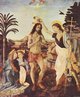 Verrocchio, Leonardo e Botticelli, Batismo de Cristo, 1472-1475, leo e tmpera sobre mesa, 180 cm  151,3 cm, Galleria de Uffizi. O Batismo de Cristo de Verrocchio,  o primeiro trabalho importante de Leonardo da Vinci como aprendiz. Fez a pintura junto com seu mestre Verrocchio. Andrea di Francesco di Cione, conhecido como Andrea del Verrocchio, foi um artista florentino italiano que esteve ativo durante a Renascena. Era escultor, ourives e pintor, e trabalhou na corte de Lorenzo de Mdici.  considerado um dos pintores mais influentes de seu perodo. Entre seus alunos incluem-se Leonardo da Vinci, Sandro Botticelli, Perugino e Ghirlandaio. Tambm influenciou Michelangelo e foi um escultor de primeira grandeza. Verrocchio nasceu em Florena em 1435. Andrea comeou a trabalhar como ourives na oficina de Giulio Verrocchi, de quem tomou o sobrenome. No se sabe se foi aprendiz de Donatello. Suas primeiras pinturas so de 1460, quando trabalhava com Filippo Lippi. Em 1474 e 1475, pintou O Batismo de Cristo. Nesse trabalho, foi ajudado por Leonardo Da Vinci ainda jovem, que terminou a paisagem e o anjo na extrema esquerda. Segundo Giorgio Vasari, Andrea decidiu ento nunca mais pintar, pois Leonardo tinha o ultrapassado em tcnica e genialidade. Em 1475, Verrocchio comeou a se dedicar quase inteiramente  escultura. <br> <br> Palavras-chave: Andrea del Verrocchio, Leonardo da Vinci, Cristo, Uriel, batismo, renascimento, pintura, esttica