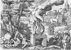 Laocoonte e seus filhos atacados pelas serpentes,  esquerda, e o cavalo sendo levado para a cidade, ao fundo. Gravura de Giovanni Battista Fontana (sculo XVI).  <br> <br> Palavras-chave: Laocoonte, Fontana, gravura, arte, esttica