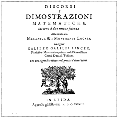 Capa de Discorsi e Dimostrazioni Matematiche Intorno a Due Nuove Scienze, de Galileu Galilei, publicada em Leiden em 1638.
<br><br>Palavras-chave: Galileu, obra, matemtica, cincia, teoria do conhecimento, filosofia da cincia