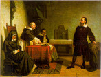 Galileu Galilei frente ao tribunal da inquisio romana, pintura de Cristiano Banti. <br> Galileu ante o Santo Ofcio. A condenao de Galileu por heresia marca o divrcio definitivo entre o pensamento cientfico e o religioso. Nascia a cincia moderna.