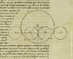 Figura de uma traduo do Almagesto em latim, de 1451. Almagesto, palavra rabe que significa "O Maior",  o nome de um tratado de Astronomia escrito no sculo II pelo astrnomo Claudius Ptolomaeus de Alexandria, Egito. A obra, uma coleo de 13 livros, contm o mais completo catlogo de estrelas (cerca de mil) da Antiguidade e foi utilizado amplamente pelos rabes e europeus at a alta Idade Mdia. Descrevia tambm o geocentrismo e o movimento aparente das estrelas. Tinha o ttulo original de "A Coleo Matemtica", no entanto, ficou conhecida por "O Grande Astrnomo", de onde vem o seu ttulo final. <br> <br> Palavras-chave: Almagesto, tratado, astronomia, Ptolomeu, Alexandria, geocentrismo, filosofia da cincia