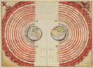 Modelo geocntrico segundo Bartolomeu Velho, 1568.<br> A teoria do universo geocntrico ou geocentrismo  o modelo cosmolgico mais antigo. Na Antiguidade era raro quem discordasse dessa viso. Entre os filsofos que defendiam esta teoria, o mais conhecido era Aristteles. Foi o matemtico e astrnomo grego Claudius Ptolomeu (78-161 d.C.) quem, na sua obra "Almagesto", deu a forma final a esta teoria, que se baseia na hiptese de que a Terra estaria parada no centro do Universo com os corpos celestes, inclusive o Sol, girando ao seu redor. Essa viso predominou no pensamento humano at o resgate, feito pelo astrnomo e matemtico polons Nicolau Coprnico (1473-1543), da teoria heliocntrica, criada pelo astrnomo grego Aristarco de Samos (310-230 a.C.). O geocentrismo no deve ser confundido com a teoria da Terra plana:  um mito a noo de que na Idade Mdia os estudiosos achavam que a Terra era achatada. <br> <br> Palavras-chave: astronomia, heliocentrismo, geocentrismo, Coprnico, Galileu, Newton, Kepler, Aristteles, sistema solar, planetas, Terra, sol, paradigma, filosofia da cincia