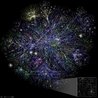 Este pequeno mapa parcial da Internet foi criado a partir dos dados encontrados em 2005 utilizando uma tcnica de processamento ligeiramente diferente do que foi usado para gerar os mapas anteriores. Cada linha  desenhada entre dois ns, representando dois endereos de IP. O comprimento das linhas so indicativas do atraso entre os dois ns. Este grfico representa menos de 30% das redes Classe C alcanveis ​​pelo programa de coleta de dados no incio de 2005. As linhas so codificados por cores de acordo com sua correspondente alocao RFC 1918: <br> Azul escuro: ca, rede, nos<br>Verde: com, org<br>Vermelho: mil, gov, edu<br>Amarelo: jp, cn, tw, au, de<br>Magenta: uk, it, pl, fr<br>Azul-verde: br, kr, nl<br>Branco: tv<br><br> Palavras-chave: internet, mapa, rede, comunicao, tecnologia, conhecimento, cincia 