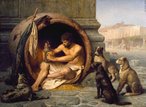 Digenes sentado em seu barril cercado por ces. Pintura de Jean-Lon Grme de 1860. <br> Digenes de Sinope (em grego antigo: Διογένης ὁ Σινωπεύς; Sinope, 404 ou 412 a.C.  Corinto, c. 323 a.C.2 ), tambm conhecido como Digenes, o Cnico, foi um filsofo da Grcia Antiga. Os detalhes de sua vida so conhecidos atravs de anedotas (chreia), especialmente as reunidas por Digenes Larcio em sua obra Vidas e Opinies de Filsofos Eminentes.