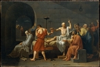 A Morte de Scrates (fr: La Mort de Socrate)  uma pintura de 1787 do pintor francs Jacques-Louis David. <br> Representa a cena de morte do filsofo grego Scrates, por ter sido contra as ideias dos atenienses e corromper a mente dos mais jovens. A pintura tambm retrata Plato e Crton, com o primeiro sentado melancolicamente na beira da cama e Crton segurando o joelho de Scrates. Scrates tinha a opo de ir para o exlio (e, portanto, desistir de sua vocao filosfica) ou ser condenado  morte. Scrates escolheu a morte. No quadro, de vestes vermelhas, um discpulo de Scrates, segura a taa de Conium. A mo de Scrates aponta para o cu, indicando a sua reverncia aos deuses e atitude corajosa pela sua morte. <br> Esta pintura  considerada uma das maiores obras de Jacques-Louis David e est exposta em Nova Iorque no Metropolitan Museum of Art.<br><br> Palavras-chave: Scrates, morte, ironia, maiutica, quadro, representao, pintura, David, histria da filosofia, filosofia, teorica do conhecimento